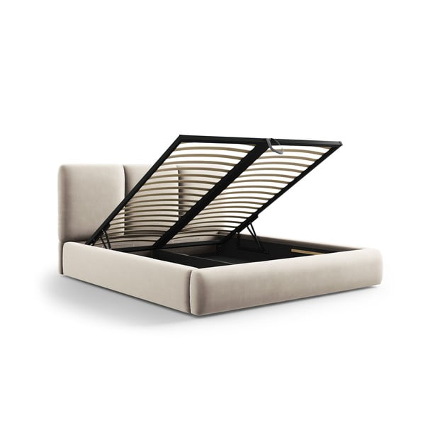 Pat matrimonial crem tapițat din catifea cu spațiu de depozitare cu somieră 160x200 cm Brody – Mazzini Beds-image-3