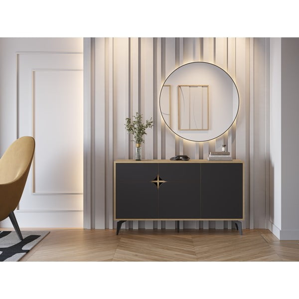 Comodă neagră/în culoare naturală joasă cu aspect de lemn de stejar 140x79 cm Nola – Marckeric-image-1