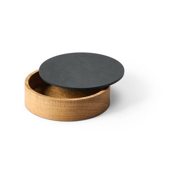 Cutie de depozitare gri antracit-în culoare naturală din lemn și din piele ecologică cu capac, decorativă ø 11x3,5 cm Circle Nupo – LIND DNA-image-1