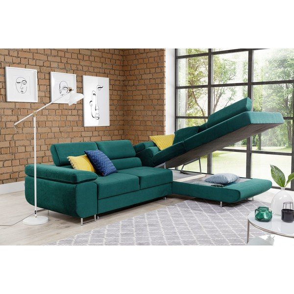 Colțar verde extensibil/cu spațiu de depozitare cu tapițerie din catifea (cu colț pe partea dreaptă/în formă de ”L”) Anton – ELTAP-image-3