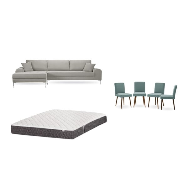 Set canapea gri deschis cu șezut pe partea stângă, 4 scaune gri-verde, o saltea 160 x 200 cm Home Essentials