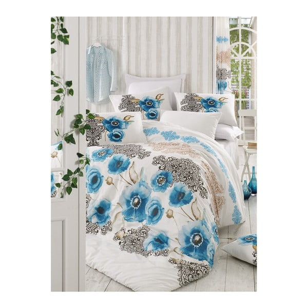 Lenjerie de pat cu cearșaf Merve, 200 x 220 cm, alb-albastru