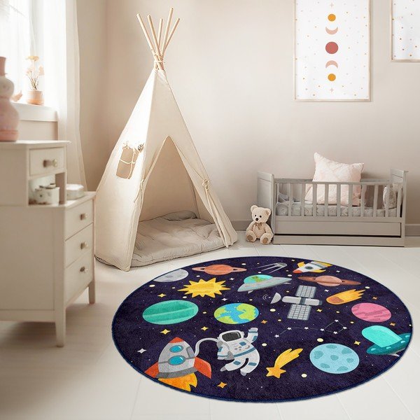 Covor de joacă pentru copii albastru închis lavabil ø120 cm Into The Space – Mila Home-image-1