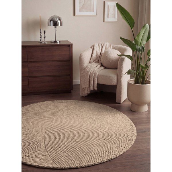 Covor bej țesut manual rotund din lână ø 120 cm Calmio – Hanse Home-image-1
