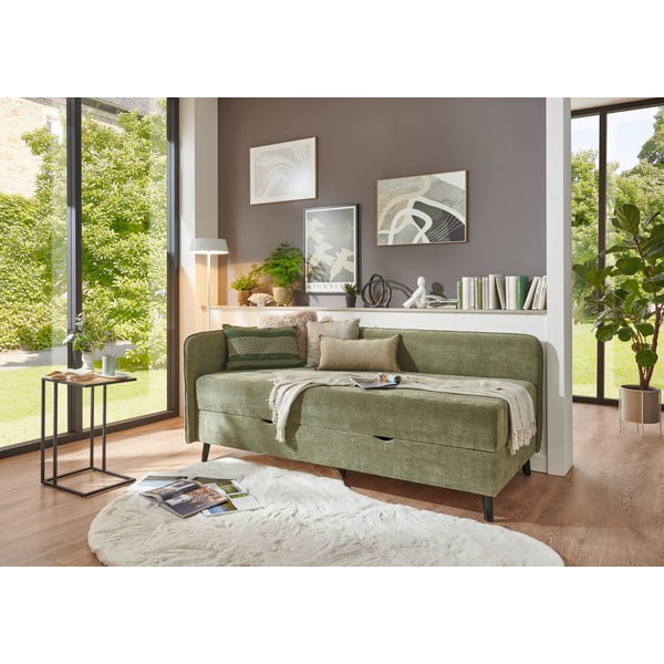 Pat verde tapițat cu spațiu de depozitare 120x200 cm Kiruna – Meise Möbel-image-1