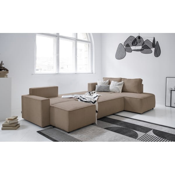 Colțar bej extensibil cu tapițerie din catifea reiată  (cu colț pe partea dreaptă/în formă de "U") Brave Dave – Miuform-image-3