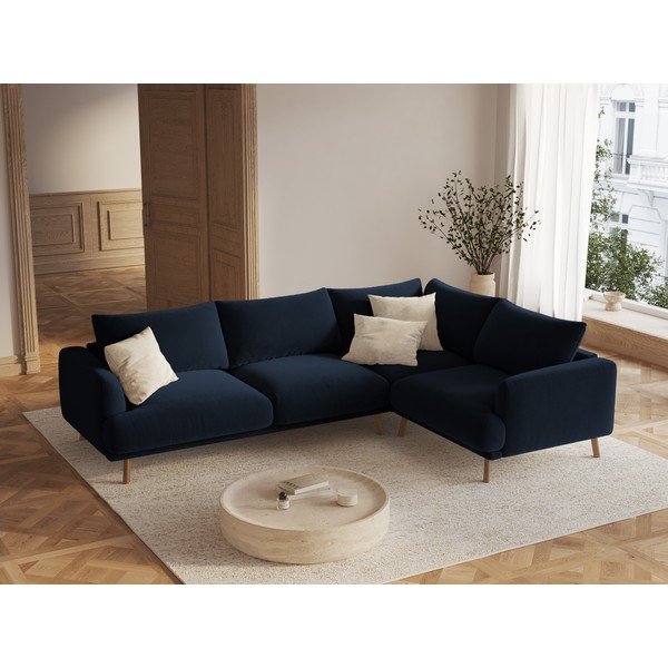 Colțar albastru închis cu tapițerie din catifea (cu colț pe partea dreaptă/în formă de ”L”) Naomi – Micadoni -image-1