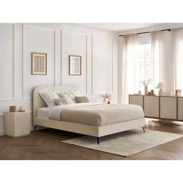 Pat matrimonial bej tapițat cu somieră 160x200 cm Prune – Bobochic Paris-image-1