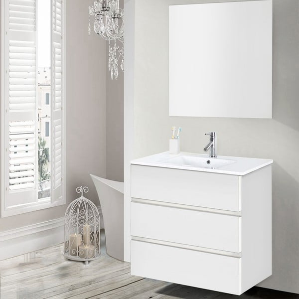 Dulăpior baie cu lavoar și oglindă Nayade, nuanță de alb, 70 cm
