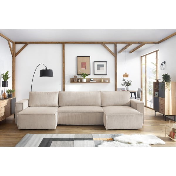 Colțar bej extensibil cu tapițerie din catifea reiată  (în formă de "U") Nihad – Bobochic Paris-image-1