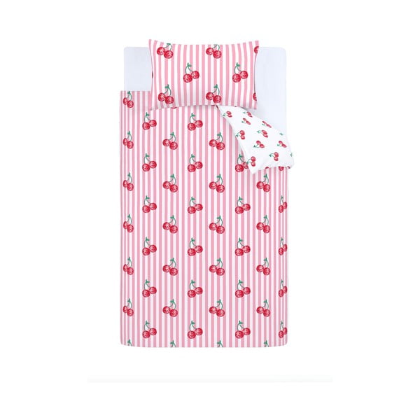 Lenjerie de pat albă-roz pentru pat de o persoană 135x200 cm Disco Cherries Stripes – Catherine Lansfield