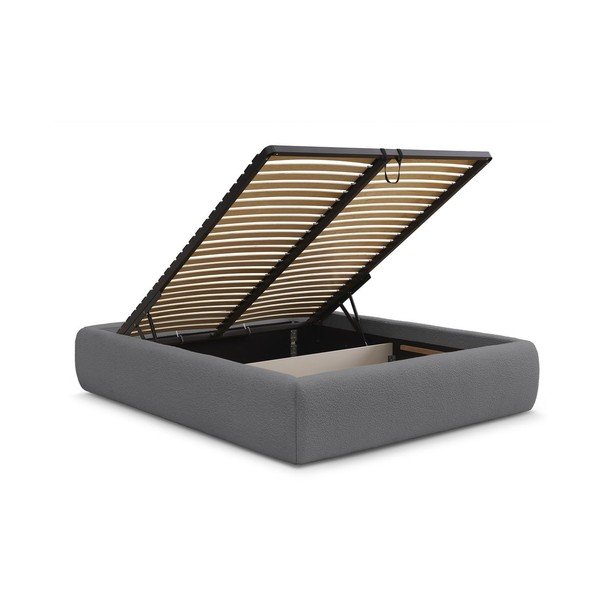 Pat matrimonial gri închis tapițat cu spațiu de depozitare/fără tăblie cu somieră 160x200 cm Inera – Bobochic Paris-image-3