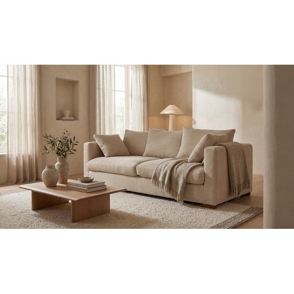 Canapea bej cu tapițerie din catifea reiată  220 cm Comfy – Scandic-image-1