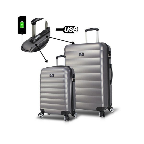 Set 2 valize cu roți și port USB My Valice RESSNO Cabin & Large, gri-image-2