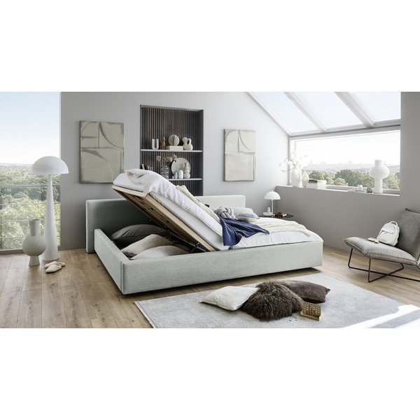 Pat matrimonial gri deschis tapițat cu spațiu de depozitare cu somieră 200x240 cm Cube – Meise Möbel-image-2