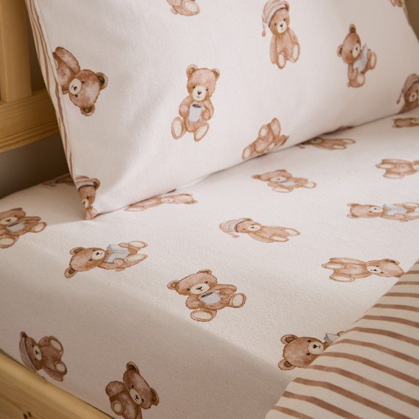 Cearceaf pentru copii crem din flanelă pentru pat de o persoană cu elastic 70x140 cm Brushed Teddy Bear – Catherine Lansfield