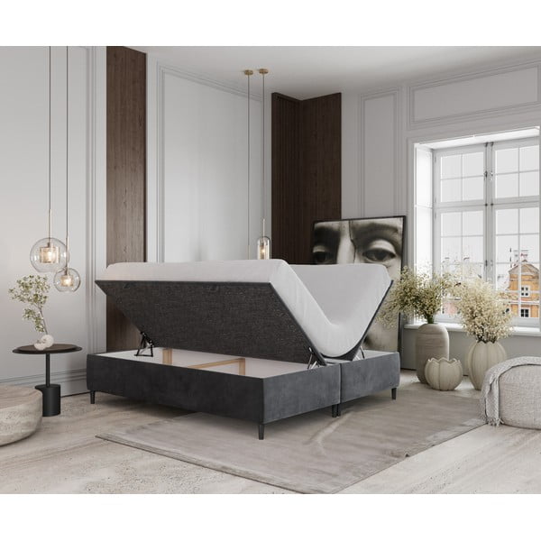 Pat matrimonial gri antracit tapițat cu spațiu de depozitare 160x200 cm Tate – Maison de Rêve-image-2