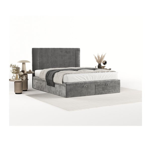 Pat matrimonial gri tapițat cu spațiu de depozitare 200x200 cm Mavel – Maison de Rêve-image-2