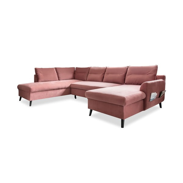 Canapea extensibilă din catifea în formă de „U” cu șezlong pe partea stângă Miuform Stylish Stan, roz