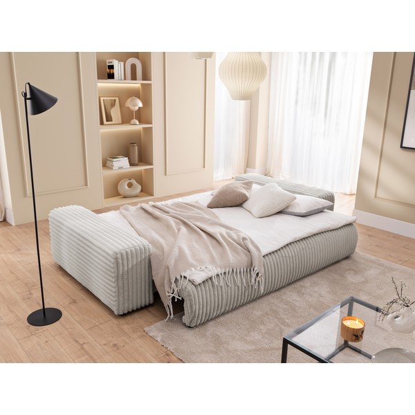 Canapea gri deschis extensibilă/cu spațiu de depozitare cu tapițerie din catifea reiată  260 cm Justin  – Ropez-image-4