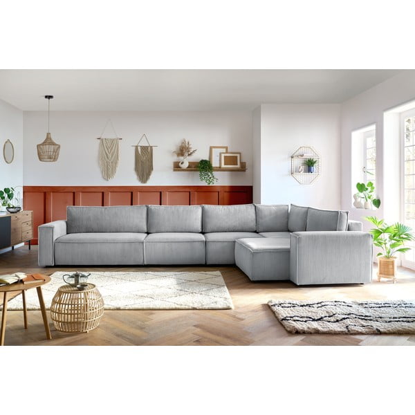 Colțar gri deschis cu tapițerie din catifea reiată  (cu colț pe partea dreaptă) Nihad modular – Bobochic Paris-image-1