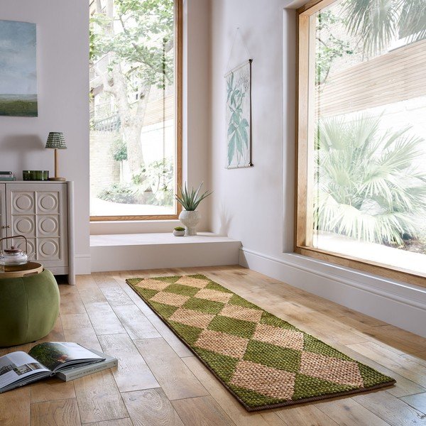 Covor tip traversă verde/în culoare naturală țesut manual din amestec de iută 80x230 cm Effie Diamond – Flair Rugs-image-1