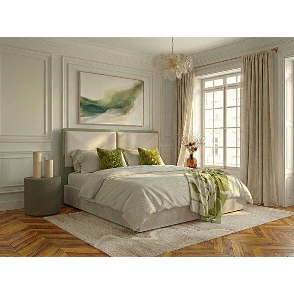 Pat matrimonial bej tapițat cu spațiu de depozitare cu somieră 180x200 cm Mara – Bobochic Paris-image-1