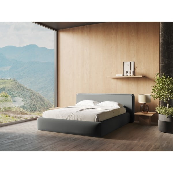 Pat matrimonial gri tapițat cu spațiu de depozitare cu somieră 160x200 cm Kiana – Makamii-image-1