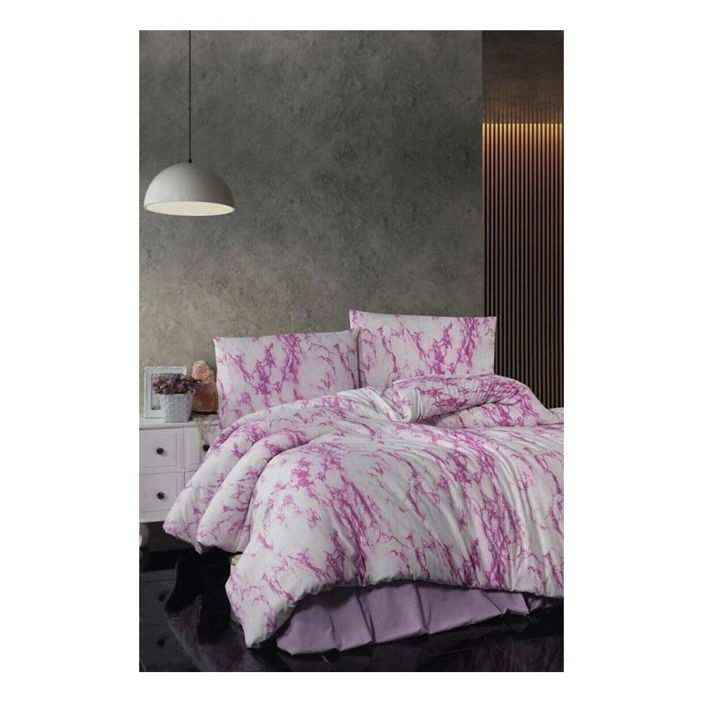 Lenjerie de pat albă-roz din bumbac pentru pat dublu-extinsă cu cearceaf inclus 200x220 cm – Mila Home