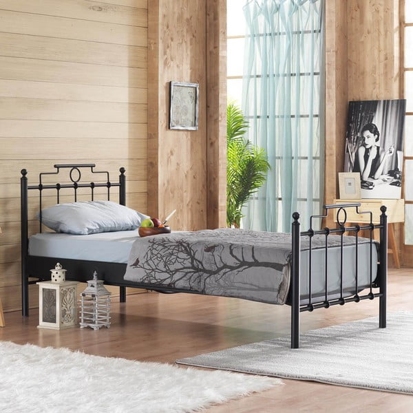 Pat negru din metal cu somieră 90x200 cm Hatkus – Kalune Design-image-1