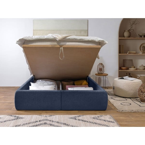 Pat matrimonial albastru închis tapițat cu spațiu de depozitare cu somieră 160x200 cm Garance – Bobochic Paris-image-3