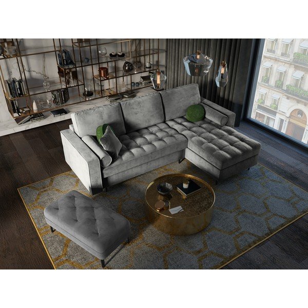 Colțar extensibil din catifea cu șezlong dreapta Milo Casa Santo, gri deschis-image-1