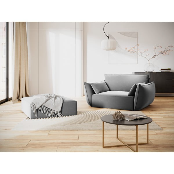 Taburet gri deschis cu tapițerie din catifea Vanda – Mazzini Sofas-image-1