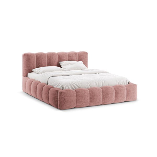 Pat matrimonial roz tapițat cu spațiu de depozitare cu somieră 180x200 cm Lupine – Micadoni 
