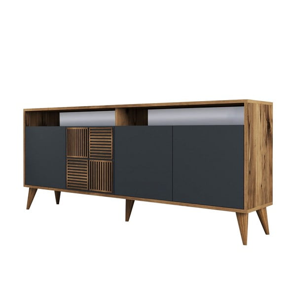 Comodă gri antracit/în culoare naturală joasă cu aspect de lemn de nuc 180x79 cm Milan – Kalune Design