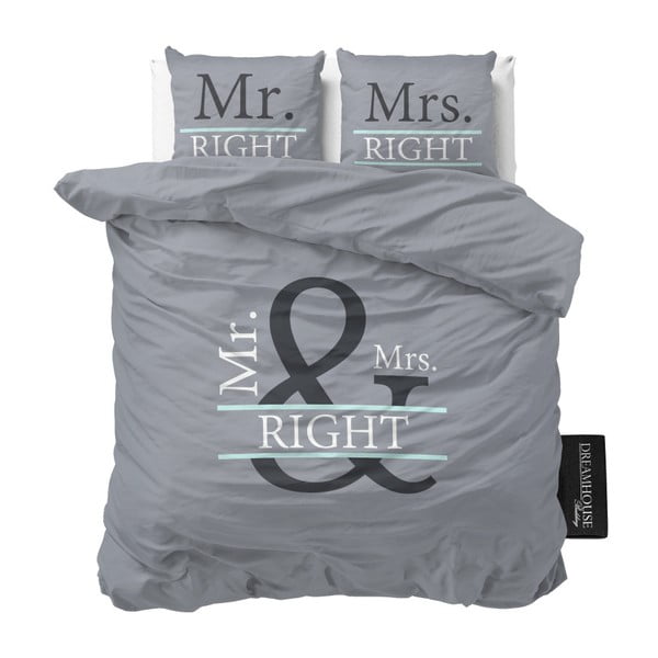 Lenjerie de pat din micropercal Sleeptime Mr and Mrs Right, 200 x 220 cm, gri