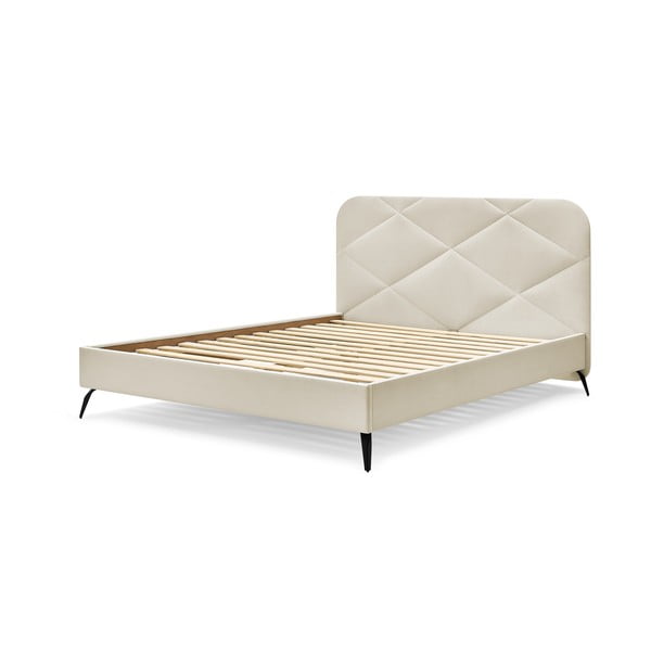 Pat matrimonial bej tapițat cu somieră 160x200 cm Prune – Bobochic Paris