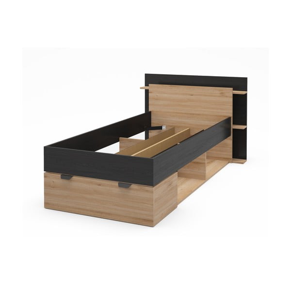 Pat negru/în culoare naturală cu aspect de lemn de stejar cu spațiu de depozitare fără somieră 90x200 cm Albo – Marckeric-image-2