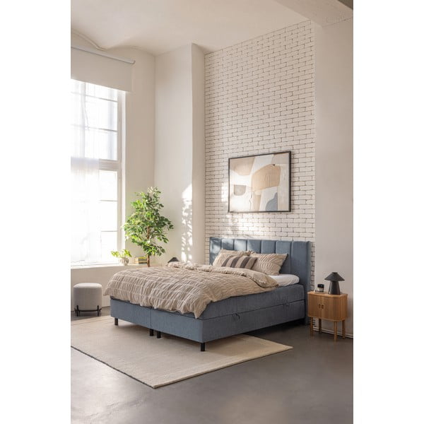 Pat boxspring albastru cu spațiu de depozitare 160x200 cm Elva Bold Line – Bonami Selection-image-1