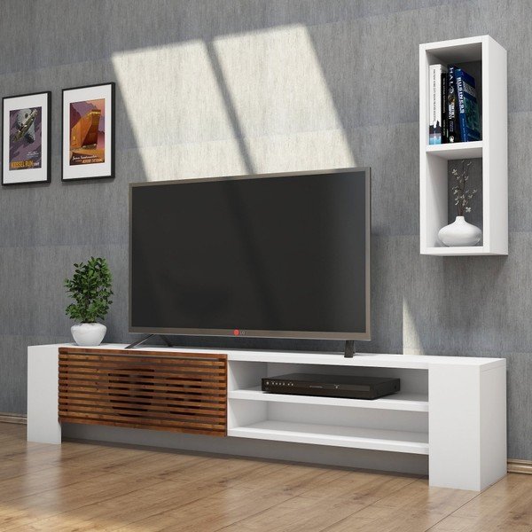 Set comodă TV și poliță perete cu detalii cu aspect de lemn de nuc Muzzo Pina, alb-image-4