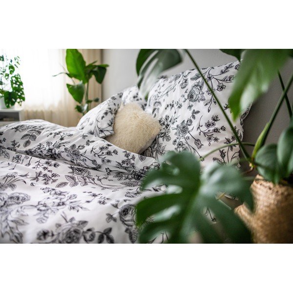 Lenjerie de pat din bumbac satinat Cotton House Flower, 140 x 200 cm, alb - negru-image-4