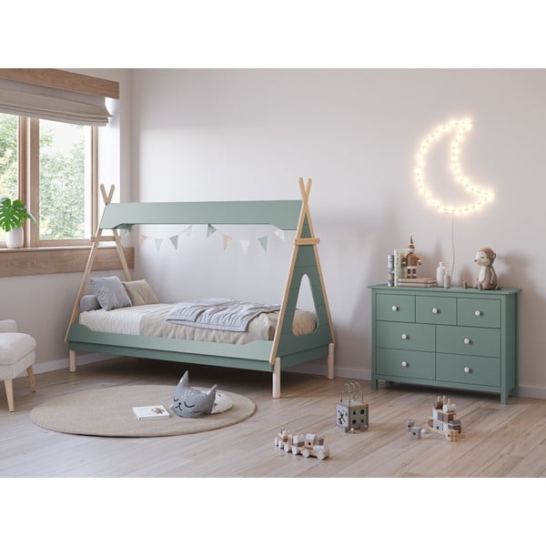 Pat pentru copii  albastru petrol de tip casă din lemn de pin 90x190 cm Nora – Marckeric-image-1