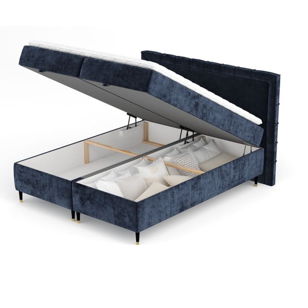 Pat boxspring albastru închis cu spațiu de depozitare 200x200 cm Voyage – Maison de Rêve-image-2