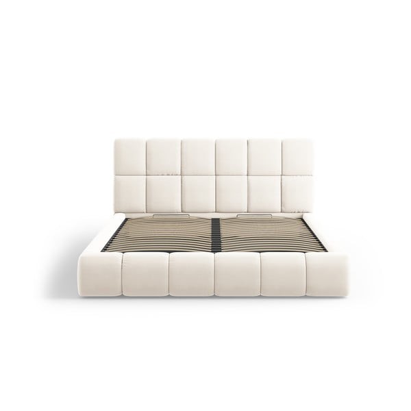 Pat matrimonial crem tapițat din catifea cu spațiu de depozitare cu somieră 200x200 cm Bellis – Micadoni -image-3