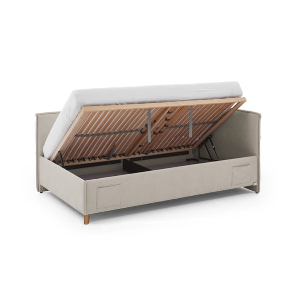 Pat pentru copii  bej pe colț tapițat cu spațiu de depozitare cu somieră 90x200 cm Fun – Meise Möbel-image-2