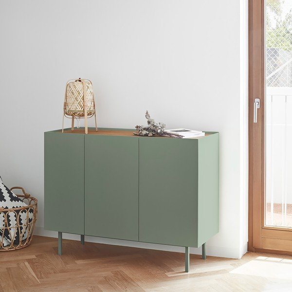 Comodă verde joasă cu aspect de lemn de stejar 110x85 cm Arista – Teulat-image-2