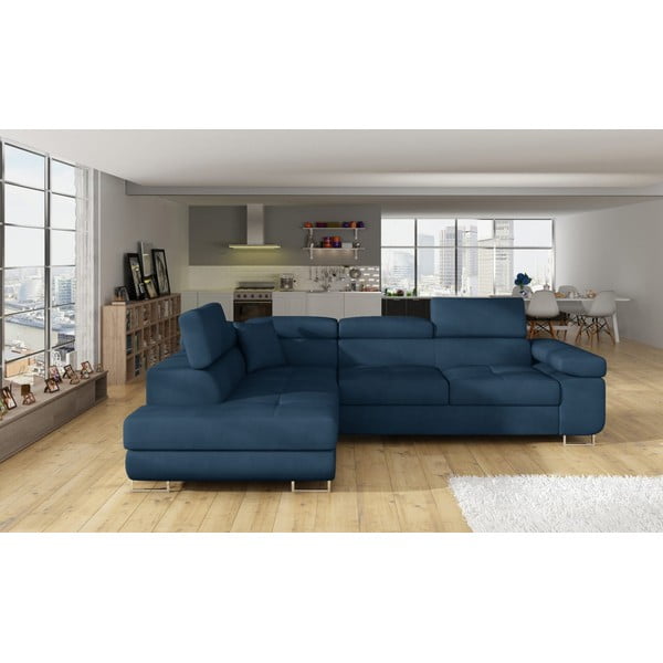 Colțar albastru extensibil/cu spațiu de depozitare cu tapițerie din catifea (cu colț pe partea stângă/în formă de ”L”) Anton – ELTAP-image-1