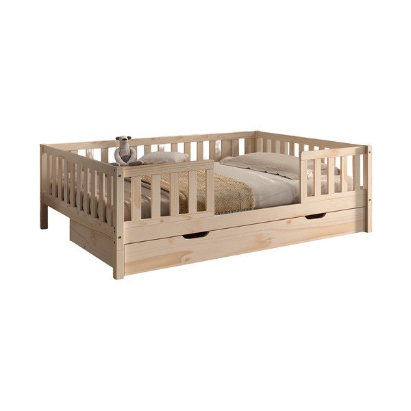 Pat pentru copii  în culoare naturală cu extensie suplimentară din lemn de pin cu spațiu de depozitare cu somieră 140x200 cm Dallas – Vipack-image-1