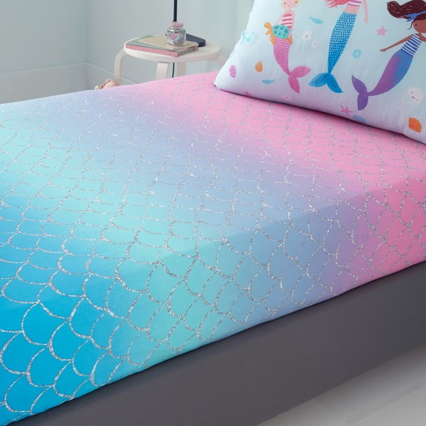 Cearceaf pentru copii roz pentru pat de o persoană cu elastic 90x190 cm Mermaid – Catherine Lansfield-image-1
