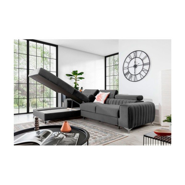 Colțar gri închis extensibil/cu spațiu de depozitare cu tapițerie din catifea (cu colț pe partea stângă/cu șezlong) Grayson – ELTAP-image-3